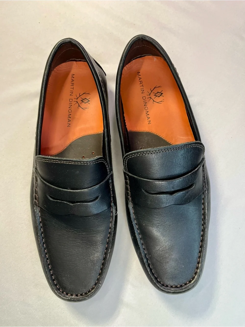 Martin Dingman Black Bermuda Saddle Leather Penny Loafers Shoes Orange Insoles